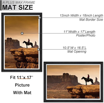 A PLUS MAX 12x18 Picture Frame Set of 6, Engineered Wood Frame Display Photo 11x17 with Mat or 12 x 18 without Mat, 12by18 Frame with Black Wood Grain for Wall - 6 Pack/Black/12 x18