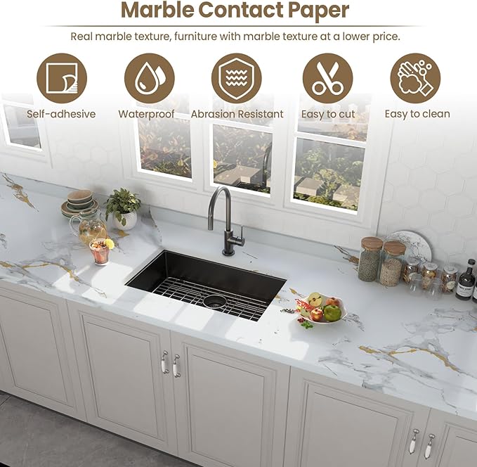 practicalWs Glossy Marble Wallpaper Peel and Stick White/Gold Granite Contact Paper Removable Wall Paper for Kitchen Countertop Cabinet Furniture 11.8