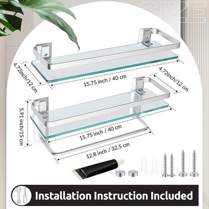 Suzile Set of 2 Glass Bathroom Shelves with Bar, Wall Mounted 15.7 x 4.7 Inches, Bathroom Shelves Hanging Modern Floating Shelf Metal Stick Room Rustproof Organizer Decorative(Silver)
