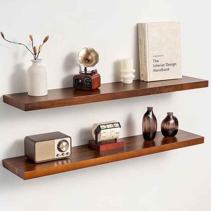 Teak Floating Shelves Set of 2-36 Inch Natural Waterproof Wood Wall Shelves with Invisible Brackets for Bathroom, Kitchen, Balcony - Solid Teak Wood Shelving, Water-Resistant Wall Decor