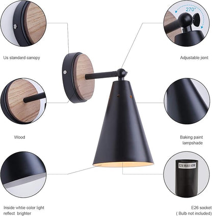 MWZ Rustic Farmhouse Black Metal and Wood Wall Sconce Adjustable Lamp，2 Pack,Rustic Wall Lighting Fixture for Bedroom, Living Room, Headboard, Garage, Porch