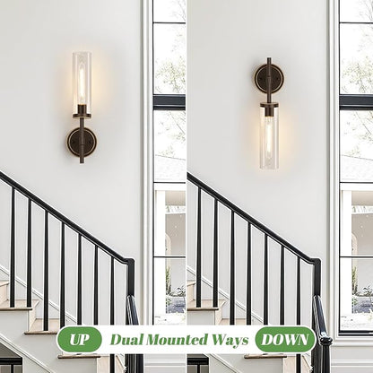 Wall Sconces Set of Two, Brown and Gold Bathroom Sconces with Clear Glass, Hardwired Sconces Wall Decor Set of 2, Modern Wall Light Fixtures for Bathroom Mirror Living Room Bedroom Hallway