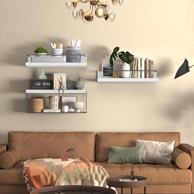 Bathroom Shelves Over Toilet for Wall, Floating Shelves with Storage Basket Paper Holer for Kitchen Living Room, Bedroom & Classroom, Set of 3 (White and Grey)