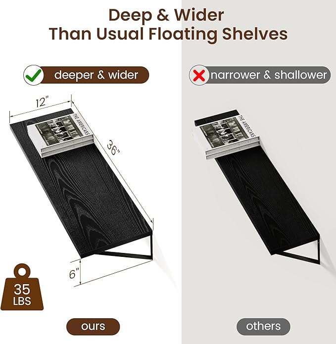 Axeman Floating Shelves for Wall Black- 36 Inch Wide x 12 Inch Deep Wall Shelves Set of 2 - Black Deep Wood Floating Shelves for Living Room Bedroom Laundry Room