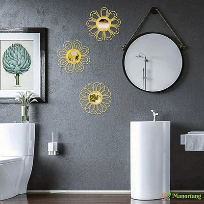 Gold Mirrors 3 Piece, 9 inch Flower-Shaped Mirror Hanging Wall Decor, Valentine Decorative Mirror Wall Art, Round Mirrors for Bedroom,Living Room,Bathroom, House Warming Valentine Gifts