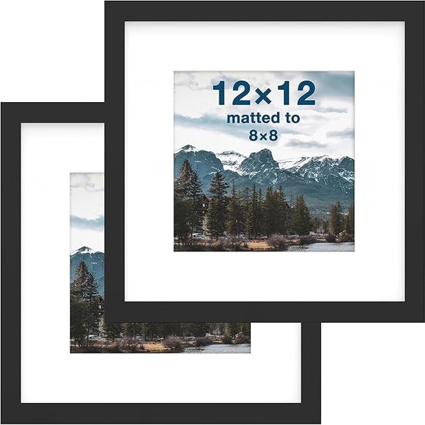FrameWorks 2-Pack, 12x12 Matted to 8x8 Picture Frame, Black – Classic Wooden Photo Frame with Tempered Glass, Modern Matte Finish for Prints, Posters, Certificates & Wall Decor – Gallery-Ready