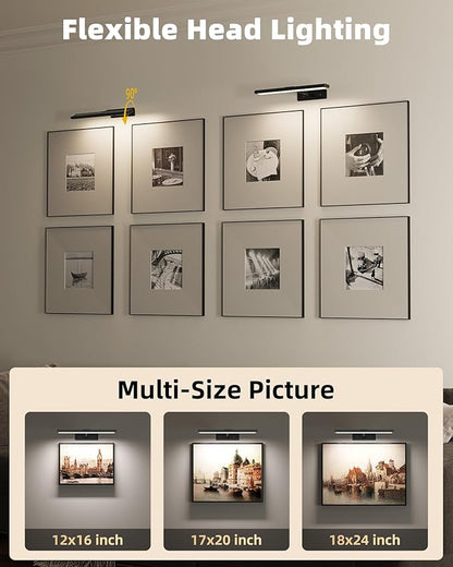 EZVALO Picture Light for Wall, 16'' Black Rechargeable 4800mAh Battery Lights Wireless with IR Remote, Magnetic LED Art Painting Light with 3 Color Temperatures, Display for Gallery, Living Room(2P)