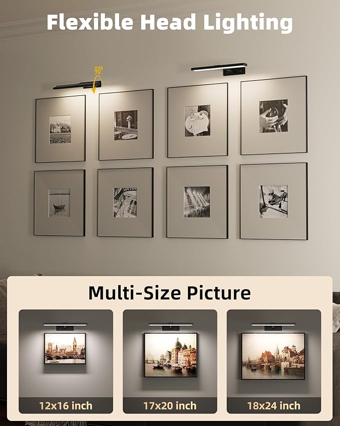 EZVALO Picture Light for Wall, 4800mAh 16'' Rechargeable Wireless with IR Remote Battery Lights for Painting, Dimmable Magnetic LED Art Display Light, Colors Temperatures, for Gallery, Living Room