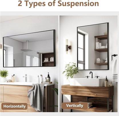 Black Bathroom Mirror, 24"x36" Rectangle Mirror, Matte Black Mirror, Metal Frame Square Corner Vanity Mirror, Wall Mounted Mirror for Modern, Living Room, Bedroom, Horizontal Or Vertical