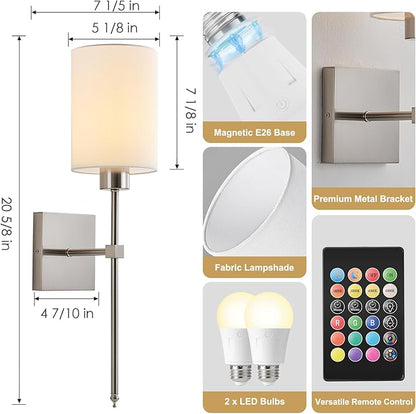 Battery Operated Wall Sconce Set of Two, Wireless Rechargeable Wall Light with Remote Control, Dimmable, 4 Color Temperatures, RGB, Timer, for Living Room,Bedroom,Entryway, Nickel, 20.6 Inch
