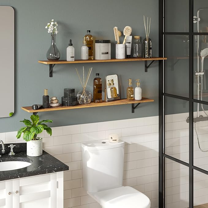 DINZI LVJ Long Wall Shelves, 55.1Inch Wall Mounted Shelves Set of 2, Extra Large Floating Storage Ledges with Sturdy Metal Brackets for Living Room, Bathroom, Bedroom, Kitchen, Rustic Brown