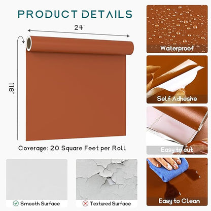 VEELIKE Matte Brown Wallpaper Stick and Peel Thick Brown Contact Paper for Cabinets Desk Furniture Wall 24''x118'' Removable Self Adhesive Terracotta Colored Wallpaper for Bedroom Bathroom Living Room