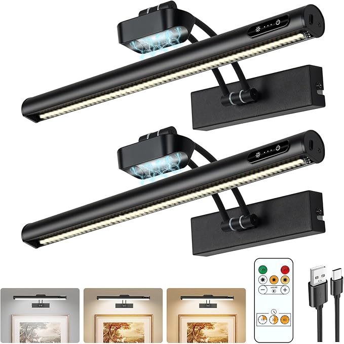 Magnetic Cordless Picture Light with Remote/Touch Control & Timer, 3CCT Dimmable, Angle Adjustable 16in Metal Wall Lights with 5000mAh Battery for Artwork, Painting, Portrait,Gallery,Photo,Black 2Pack