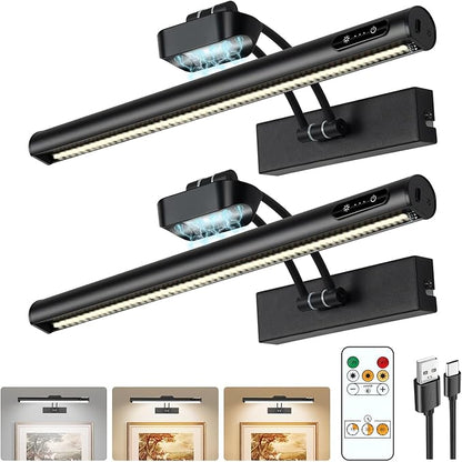 Magnetic Cordless Picture Light with Remote/Touch Control & Timer, 3CCT Dimmable, Angle Adjustable 16in Metal Wall Lights with 5000mAh Battery for Artwork, Painting, Portrait,Gallery,Photo,Black 2Pack