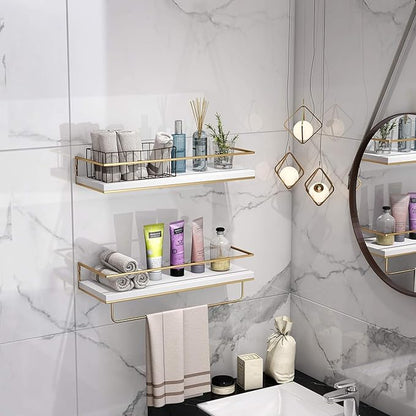 Shario Floating Shelves - Set of 2, Wall Mounted Hanging Shelves with Golden Towel Rack, Decorative Storage Shelves for Bathroom, Kitchen, Living Room & Bedroom
