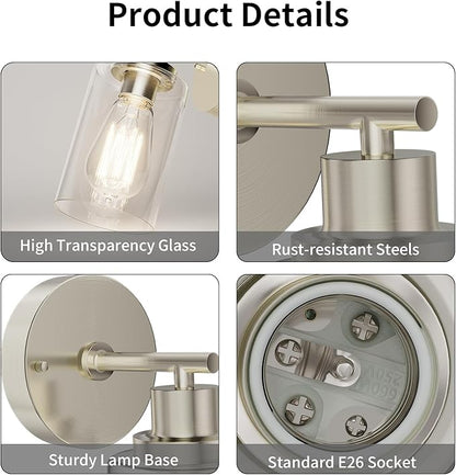 Bathroom Wall Sconces Set of Two: Brushed Nickel Vanity Light Fixtures with E26 Base LED Cordless Indoor Wall Mount Lamp for Mirror Bedroom Hallway Stairway Modern Decor Lighting