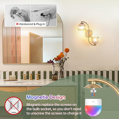Battery Operated Wall Sconce, 2-Lights Vinatge Brass Wall Lighting Up and Down with Amber Tulip Shade for Living Room, Bedroom