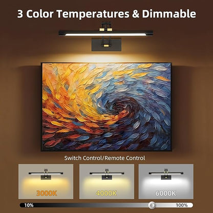 16“ Picture Lights for Wall, 8000mAh Rechargeable Wireless Picture Light with Remote, Dimmable 3 Colors LED Art Lighting for Paintings Frame Poster Dartboard Gallery Light, Black Gold