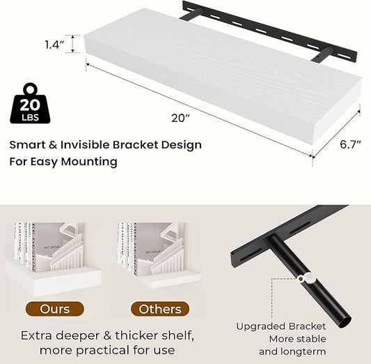 Dreamland 20 Inch Long Floating Shelves in White,6.7 Inch Deep Floating Shelf for Wall,Large Display & Storage Shelf, Wall Shelf for Bathroom Bedroom Living Room Kitchen Office，Set of 2