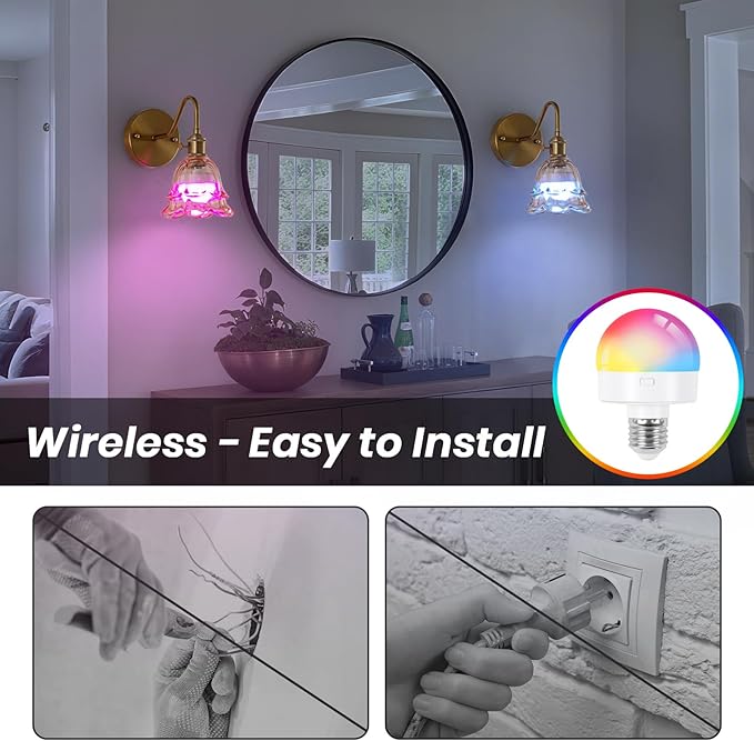 Vintage Battery Operated Wall Sconce, Rechargeable Wireless Wall Sconces with Remote Control, Indoor Wall Light Amber Glass Lampshade with RGB Dimmable for Bedroom, Living Room, Set of Two