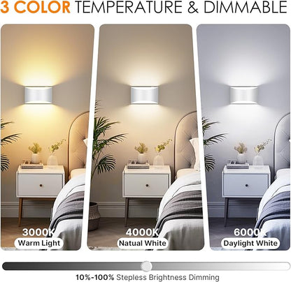 FOLKSMATE Battery Operated Wall Sconces Set of 2, White Rechargeable Wall Lamps, 3 Color Temperatures, Dimmable Lamp for Bedroom, Living Room, Hallway
