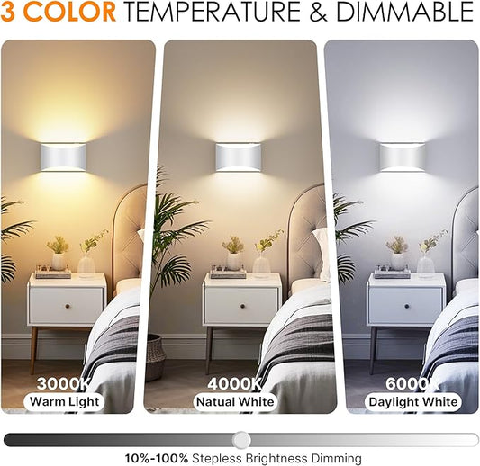 FOLKSMATE Battery Operated Wall Sconces Set of 2, White Rechargeable Wall Lamps, 3 Color Temperatures, Dimmable Lamp for Bedroom, Living Room, Hallway