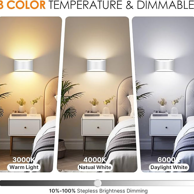 FOLKSMATE Battery Operated Wall Sconces Set of 2, White Rechargeable Wall Lamps, 3 Color Temperatures, Dimmable Lamp for Bedroom, Living Room, Hallway