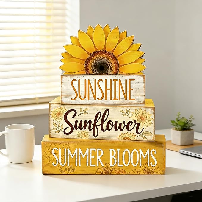 4 Pcs Sunflower Decor Faux Book Stack Blocks Farmhouse Tiered Tray Decor Summer Decorations for Home Kitchen Table Rustic Sunflower Kitchen Decor