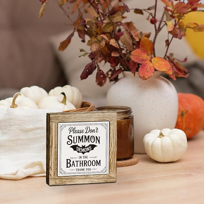 Funny Bathroom Signs, Halloween Bathroom Decor, Shelves Decor for Restroom, Rustic Tabletop Decors, Fall Decorations for Home Party, Please Don't Summon Demons Signs 5.9x5.9 inches