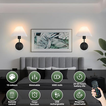 Battery Operated Wall Sconces Set of 2,Black Rechargeable Wall Lights with Remote,Dimmable Wall Lamp with Pleated Shades,15 Colors Wireless Bathroom Vanity Wall Light for Bedroom Living Room Hallway
