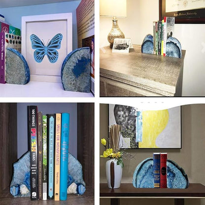 JIC Gem Dyed Blue Agate Bookends Geode Decorative Book Ends for Heavy Books with Rubber Bumpers for Office and Home Decoration Polished Small Size 2 to 3 Lbs