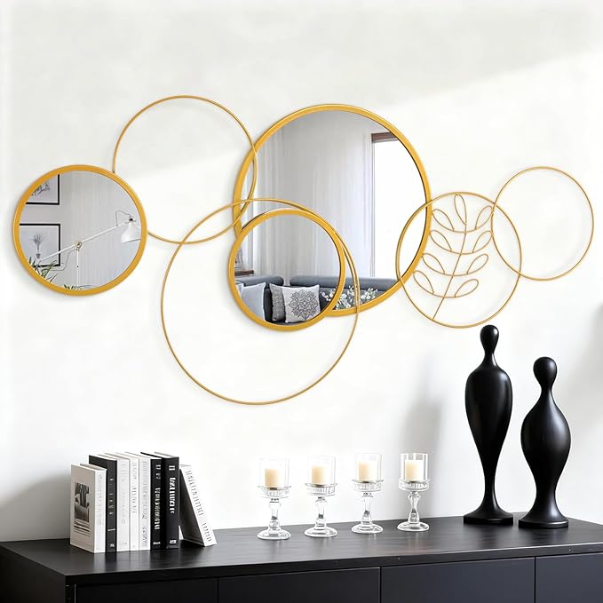 Golden Wall Mirror Set, Wall Mounted Metal Circle Mirror Set Modern Round Decorative Mirrors for Living Room Bedroom Bathroom Entryway 20x40 Inch Home Decor