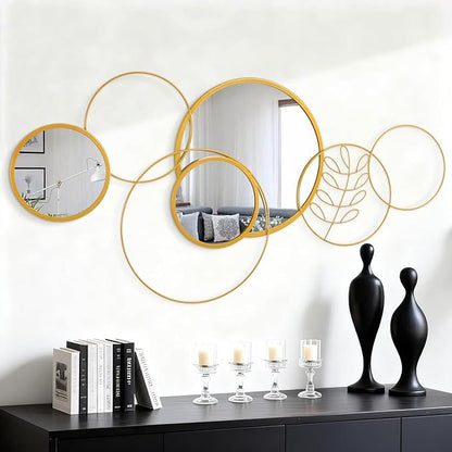 Golden Wall Mirror Set, Wall Mounted Metal Circle Mirror Set Modern Round Decorative Mirrors for Living Room Bedroom Bathroom Entryway 20x40 Inch Home Decor