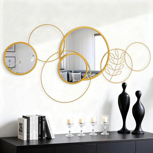 Golden Wall Mirror Set, Wall Mounted Metal Circle Mirror Set Modern Round Decorative Mirrors for Living Room Bedroom Bathroom Entryway 20x40 Inch Home Decor
