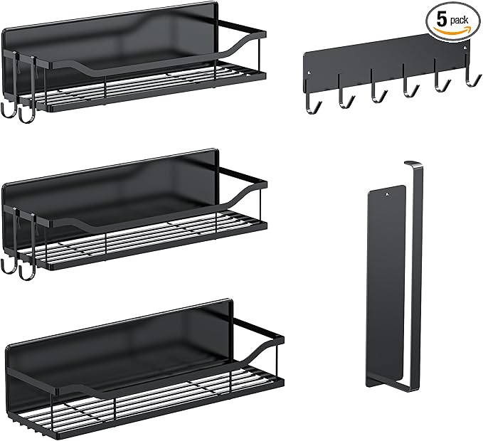 Magnetic Spice Rack,Multifunctional Magnetic Shelf for Washing Machine,Refrigerator,Microwave,and Any Metal Surface,Powerful Magnetic Shelves Include Magnetic Paper Towel Holder (5 pcs - Black)