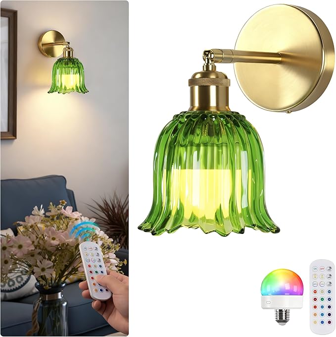 Vintage Battery Operated Wall Sconce with Green Stripe Glass Lampshade Rechargeable Battery Powered Wall Light with Remote Control for Bedside Bedroom Bathroom, Set of 1