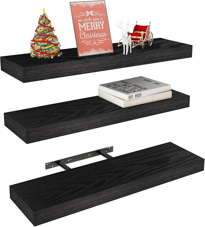 Vervida® Black Floating Shelves for Wall 3 Set for Wall Decor & Storage Floating Shelf for Bathroom, Living Room, Bedroom, Office, Hanging Shelf with Invisible Shelves