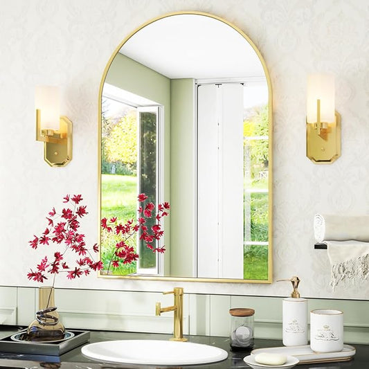 VooBang Arched Wall Mirror, 16 x 24 inch Arch Bathroom Mirror, Wall Mounted Vanity Mirror with Arch Metal Frame, Modern Bathroom Vanity Mirror for Bedroom, Living Room, Hanging or Leaning, Gold