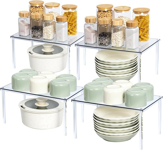 Acrylic Cabinet Organizer, Set of 4 Spice Rack Organizer for Cabinet, Desk Countertop Shelf Organizer, Pantry Kitchen Storage and Organization, Stackable Shelves House Essentials for Gift