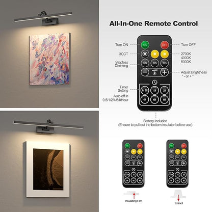 Wireless Picture Lights for Wall,23.5 Inch Black Art Light for Paintings,Battery Operated Picture Lights with Remote Control,Dimmable Rechargeable Art Lamps for Picture Frame,Gallery