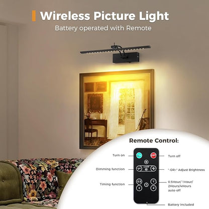 Battery Operated Picture Light with Remote, 16" Wireless LED Art Light Rechargeable 5000mAh, Dimmable Painting Light for Wall, 3000K Warm White, Adjustable Swing Arm Metal Display Light, Black