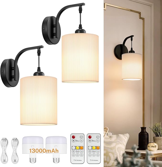 Battery Operated Wall Sconce Set of Two, Pleated Fabric Rechargeable Wireless Wall Sconces with 13000mAh Bulb & Dimmable, Battery Sconces Wall Light Decor Set of 2 for Living Room, Black