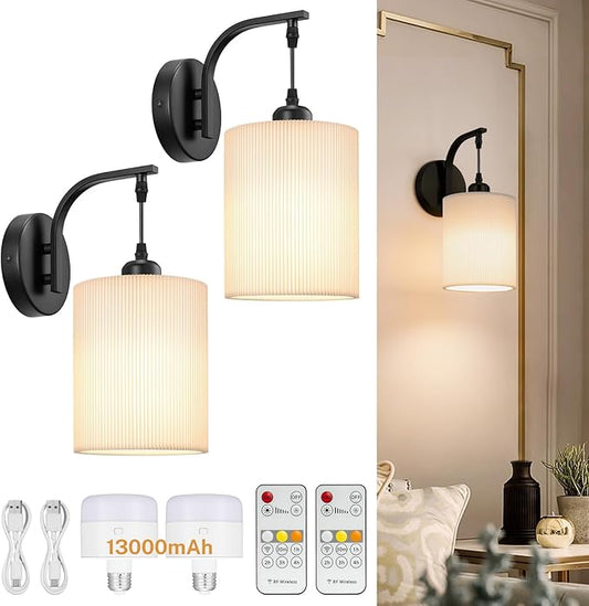 Battery Operated Wall Sconce Set of Two, Pleated Fabric Rechargeable Wireless Wall Sconces with 13000mAh Bulb & Dimmable, Battery Sconces Wall Light Decor Set of 2 for Living Room, Black
