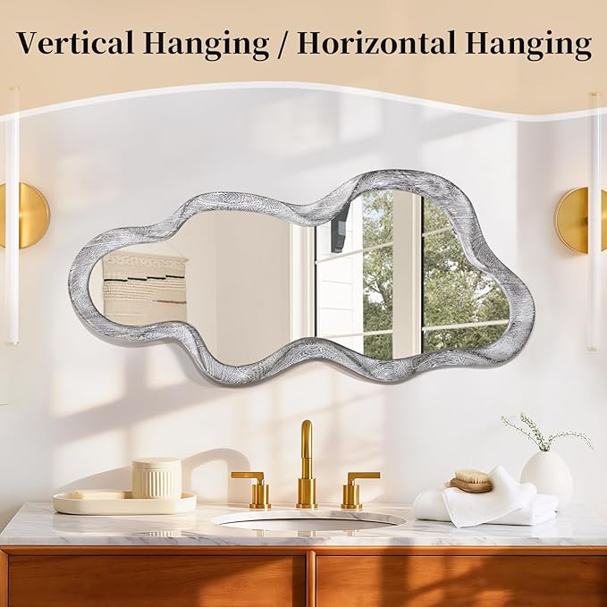 Irregular Wall Mirror Cloud Wavy Wood Frame Mirrors Asymmetrical Modern Mirror for Wall for Vanity Bathroom Living Room Bedroom Entryway Hallway Modern Unique Decorative Artistic Mirror Large