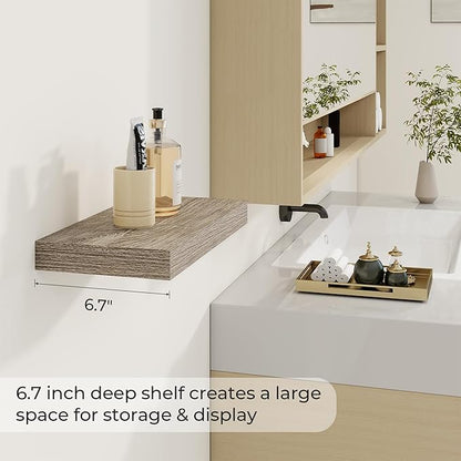 Dreamland 16 Inches Floating Shelves for Wall,6.7 Inch Deep Floating Shelves Set of 2, Large Display & Storage Shelf, Wall Shelf for Bathroom Bedroom Living Room Kitchen Office,Grey