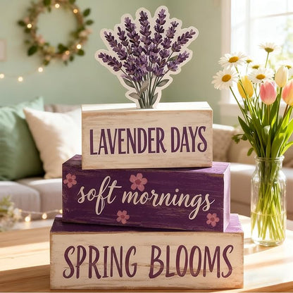 Spring Decoration Wooden Tiered Tray Decor – Rustic Lavender Days Stacked Block Sign with Lavender Flower Topper – Farmhouse Tabletop Spring Decor for Living Room Shelf Kitchen Coffee Bar Seasonal Home Display