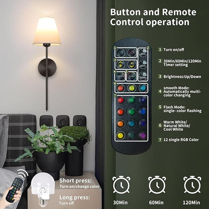 Battery Operated Wall Sconce Set of 2,15 Colors Wireless Wall Light With Dimmable Remote Control Last 18-50 Hours,Black Rechargeable Wall Lamp With White Fabric Shade For Living Room Bedroom Hallway