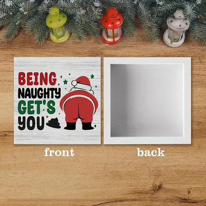 Funny Christmas Bathroom Decor Bathroom Desk Accessories Christmas Decorations Indoor Wooden Box for Toilet Shelves Santa Being Naughty Get's You Signs 5 X 5 Inch