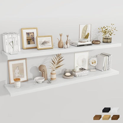 Fun Memories White Deep Floating Shelves, 72 x 12 Inch Long Wall Shelves, Large Display Shelf & Storage Shelf, Wood Floating Wall Shelves for Fireplace Mantel, Living Room, Home Office - Set of 2