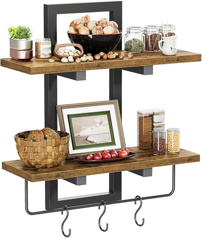 Floating Shelves for Wall Set of 2, Wood Wall Shelf with 6 Hooks, 2 Tier Hanging Decorative Storage Shelves for Living Room Bedroom Bathroom Kitchen Office Coffee Bar, Rustic Brown